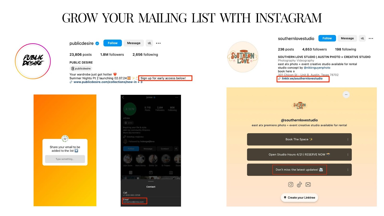 Examples of newsletter signup links displayed on instagram profiles